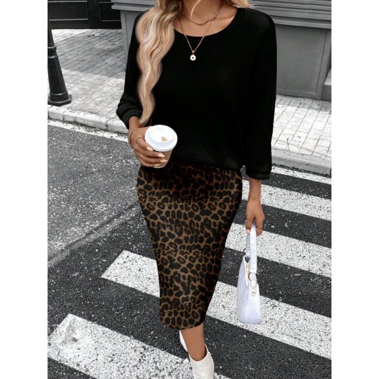 Kadın Uzun Kollu Bisiklet Yaka Modal Bluz Ve Leopar Desenli Etek Ikili Takım , 30680