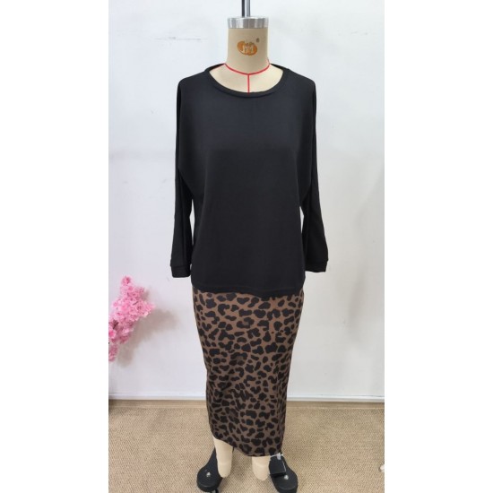 Kadın Uzun Kollu Bisiklet Yaka Modal Bluz Ve Leopar Desenli Etek Ikili Takım , 30680