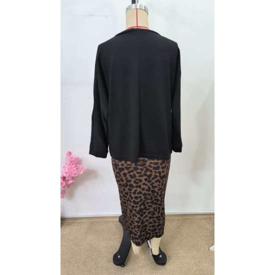 Kadın Uzun Kollu Bisiklet Yaka Modal Bluz Ve Leopar Desenli Etek Ikili Takım , 30680