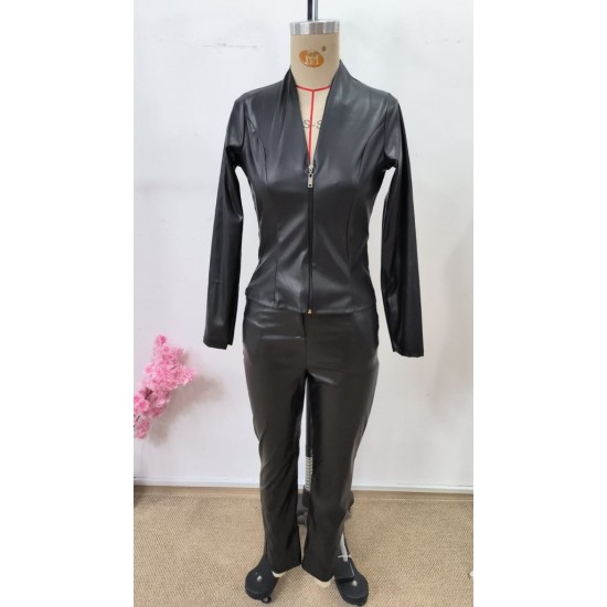 Kadın Uzun Kollu önden Fermuarlı Kısa Deri Ceket Ve Pantolon Ikili Takım , 30679