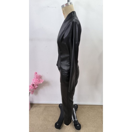 Kadın Uzun Kollu önden Fermuarlı Kısa Deri Ceket Ve Pantolon Ikili Takım , 30679