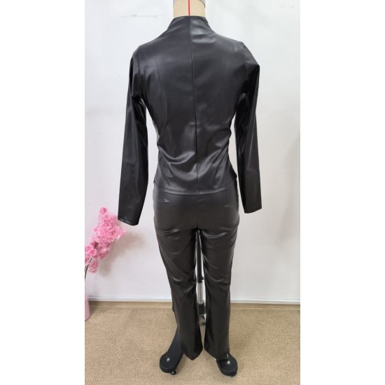 Kadın Uzun Kollu önden Fermuarlı Kısa Deri Ceket Ve Pantolon Ikili Takım , 30679