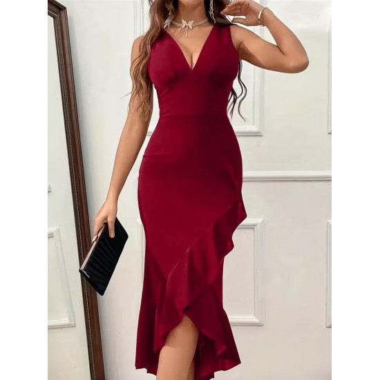 Kadın Askılı Kruvaze Yakalı önden Fırfırlı Uzun Ithal Krep Elbise, 30677 Kadın Askılı Kruvaze Yakalı önden Fırfırlı Uzun Ithal Krep Elbise, 30677