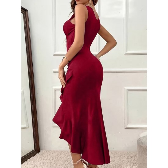 Kadın Askılı Kruvaze Yakalı önden Fırfırlı Uzun Ithal Krep Elbise, 30677 Kadın Askılı Kruvaze Yakalı önden Fırfırlı Uzun Ithal Krep Elbise, 30677