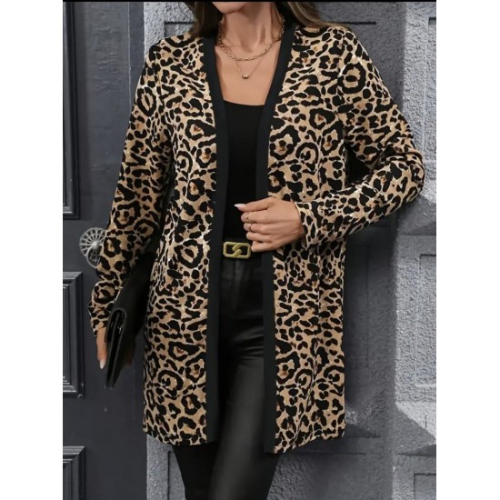 Kadın Uzun Kollu önü Açık Leopar Desenli Modal Ceket , 30676