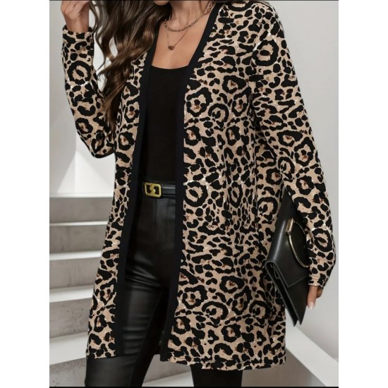 Kadın Uzun Kollu önü Açık Leopar Desenli Modal Ceket , 30676