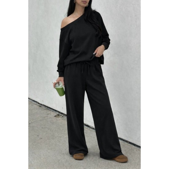 Kadın Uzun Kollu Tek Omuzdan Açık Viskon Iki Iplik Bluz Ve Pantolon Ikili Takım, 30675