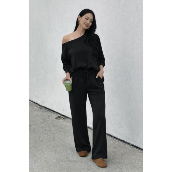 Kadın Uzun Kollu Tek Omuzdan Açık Viskon Iki Iplik Bluz Ve Pantolon Ikili Takım, 30675