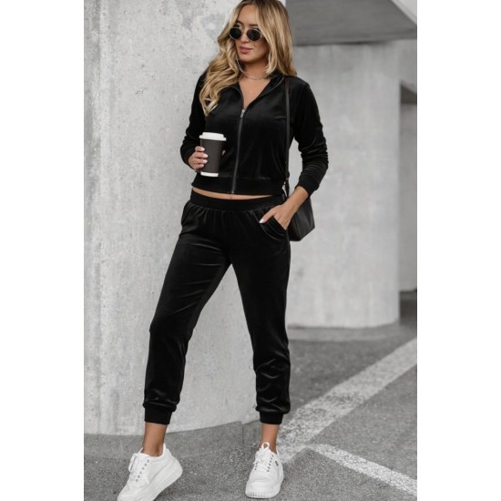 Kadın Uzun Kollu önden Fermuarlı Krop Kadife Ceket Ve Pantolon Ikili Takım , 30683