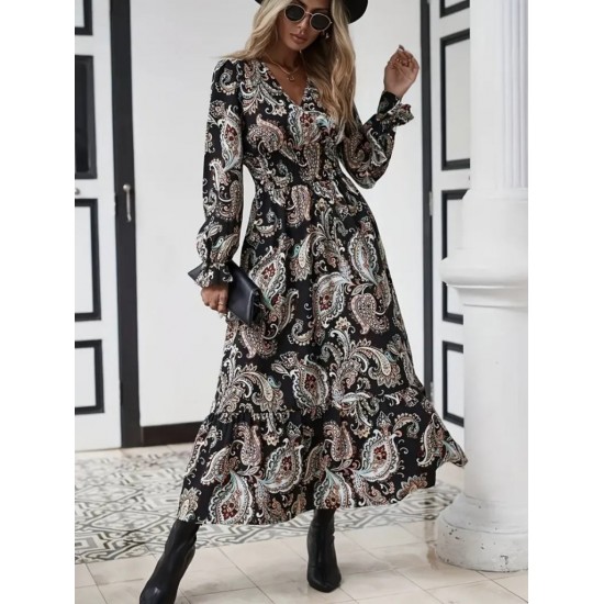 Kadın Uzun Kollu Kruvaze Yaka Beli Lastikli Uzun Desenli Maxi Elbise, 30682 Kadın Uzun Kollu Kruvaze Yaka Beli Lastikli Uzun Desenli Maxi Elbise, 30682