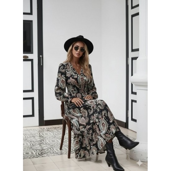 Kadın Uzun Kollu Kruvaze Yaka Beli Lastikli Uzun Desenli Maxi Elbise, 30682 Kadın Uzun Kollu Kruvaze Yaka Beli Lastikli Uzun Desenli Maxi Elbise, 30682