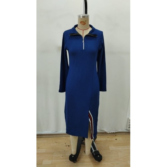 Kadın Uzun Kollu Balıkçı Yaka önden Fermuarlı Yırtmaçlı Midi Viskon Iki Iplik Elbise , 30691