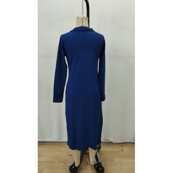 Kadın Uzun Kollu Balıkçı Yaka önden Fermuarlı Yırtmaçlı Midi Viskon Iki Iplik Elbise , 30691