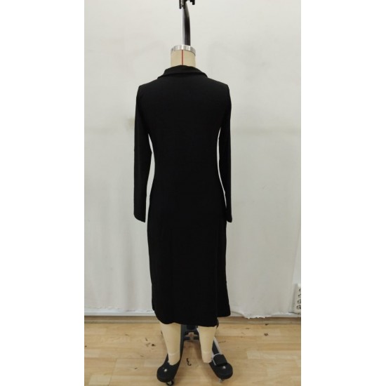 Kadın Uzun Kollu Balıkçı Yaka önden Fermuarlı Yırtmaçlı Midi Viskon Iki Iplik Elbise , 30690