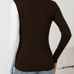 Kadın Uzun Kollu Geometrik Yaka Detaylı çift Renkli Viskon Bluz , 30688