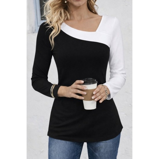 Kadın Uzun Kollu Geometrik Yaka Detaylı çift Renkli Viskon Bluz , 30687