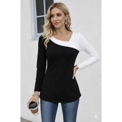 Kadın Uzun Kollu Geometrik Yaka Detaylı çift Renkli Viskon Bluz , 30687