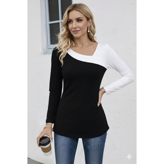 Kadın Uzun Kollu Geometrik Yaka Detaylı çift Renkli Viskon Bluz , 30687