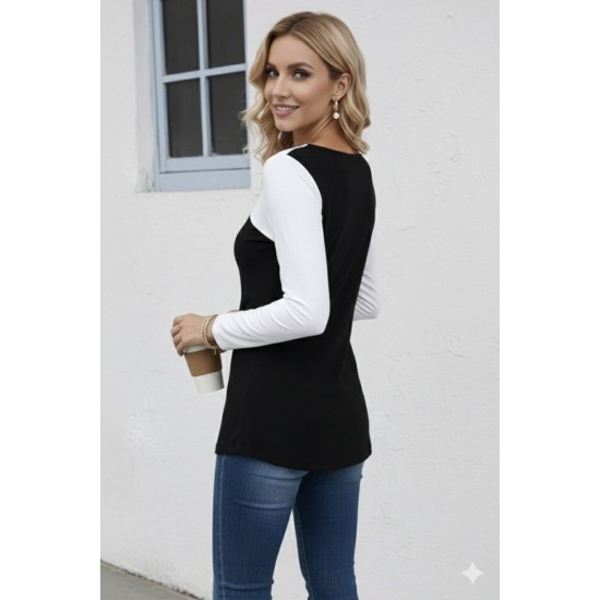 Kadın Uzun Kollu Geometrik Yaka Detaylı çift Renkli Viskon Bluz , 30687