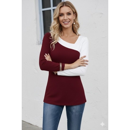 Kadın Uzun Kollu Geometrik Yaka Detaylı çift Renkli Viskon Bluz , 30686