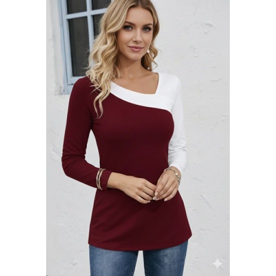 Kadın Uzun Kollu Geometrik Yaka Detaylı çift Renkli Viskon Bluz , 30686