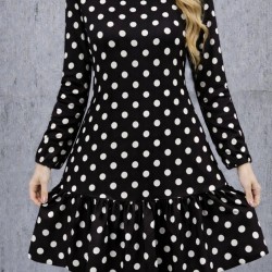 Kadın Uzun Kollu Bisiklet Yaka Fırfırlı Puantiyeli Kısa Modal Elbise, 30684