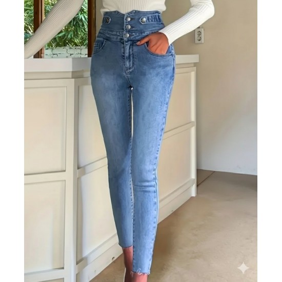 Kadın Yüksek Bel önden Düğmeli Cepli Dar Kesim Detaylı Kot Pantolon , 30698