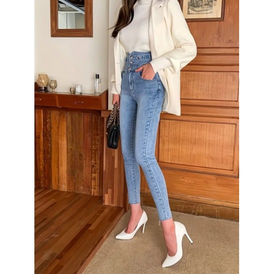 Kadın Yüksek Bel önden Düğmeli Cepli Dar Kesim Detaylı Kot Pantolon , 30698