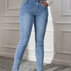 Kadın Yüksek Bel önden Düğmeli Cepli Dar Kesim Detaylı Kot Pantolon , 30698