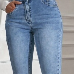 Kadın Yüksek Bel önden Düğmeli Cepli Dar Kesim Detaylı Kot Pantolon , 30698