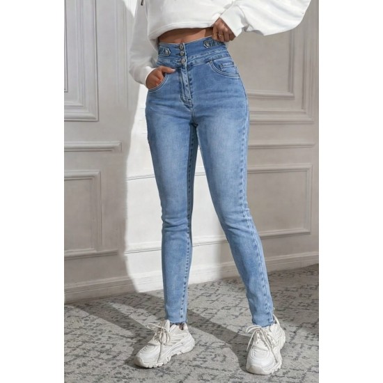 Kadın Yüksek Bel önden Düğmeli Cepli Dar Kesim Detaylı Kot Pantolon , 30698