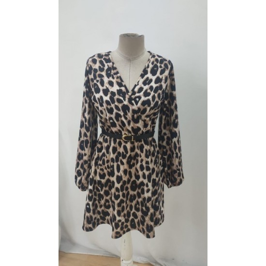 Kadın Uzun Kollu Kruvaze Yaka Kemerli Desenli Mini Leopar Elbise, 30695