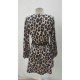 Kadın Uzun Kollu Kruvaze Yaka Kemerli Desenli Mini Leopar Elbise, 30695