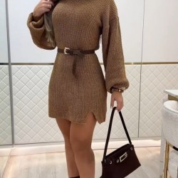 Kadın Uzun Kollu Yuvarlak Yakalı Kısa Triko Elbise , 30694