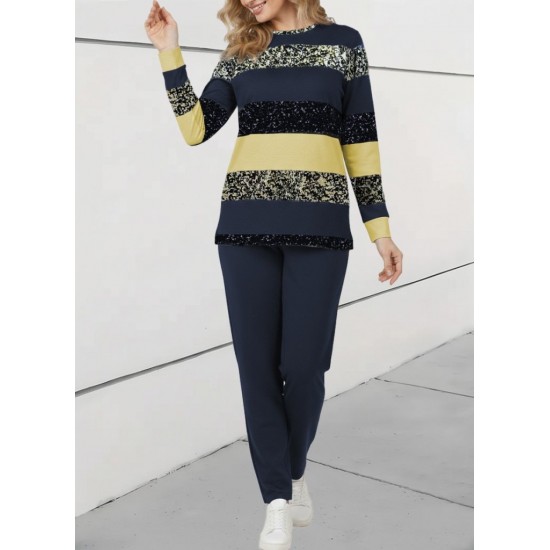 Kadın Uzun Kollu Bisiklet Yaka çizgili Desen Iki Iplik Bluz Ve Pantolon Ikili Takım , 30704