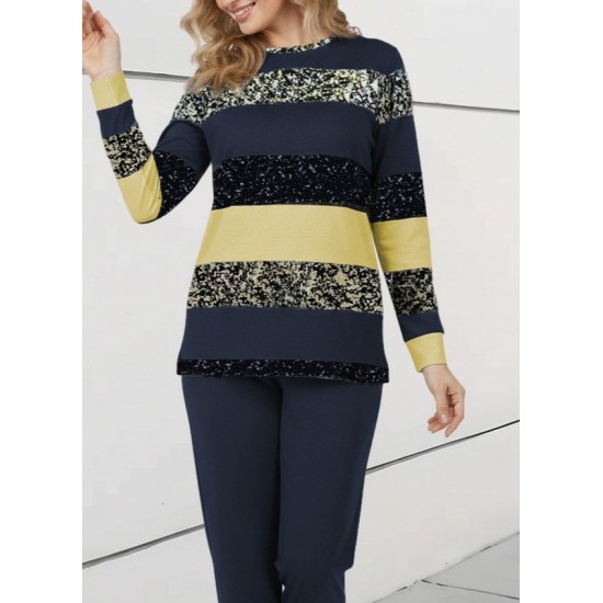 Kadın Uzun Kollu Bisiklet Yaka çizgili Desen Iki Iplik Bluz Ve Pantolon Ikili Takım , 30704