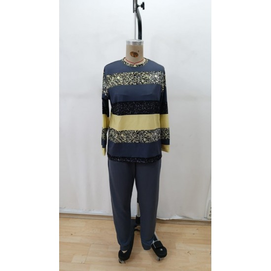 Kadın Uzun Kollu Bisiklet Yaka çizgili Desen Iki Iplik Bluz Ve Pantolon Ikili Takım , 30704