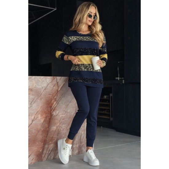 Kadın Uzun Kollu Bisiklet Yaka çizgili Desen Iki Iplik Bluz Ve Pantolon Ikili Takım , 30704