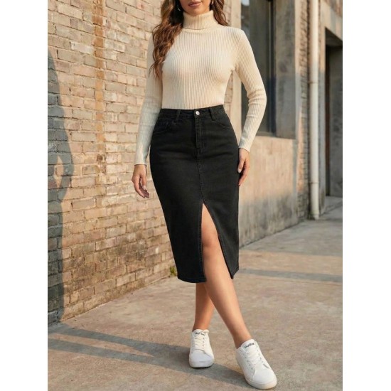 Kadın Yüksek Bel önden Yırtmaçlı Cepli Midi Kot Etek, 30701 Kadın Yüksek Bel önden Yırtmaçlı Cepli Midi Kot Etek, 30701