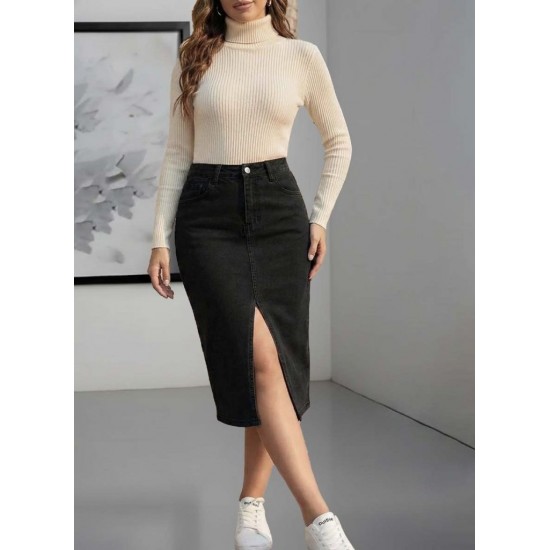 Kadın Yüksek Bel önden Yırtmaçlı Cepli Midi Kot Etek, 30701 Kadın Yüksek Bel önden Yırtmaçlı Cepli Midi Kot Etek, 30701