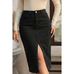 Kadın Yüksek Bel önden Yırtmaçlı Cepli Midi Kot Etek, 30701