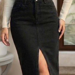 Kadın Yüksek Bel önden Yırtmaçlı Cepli Midi Kot Etek, 30701