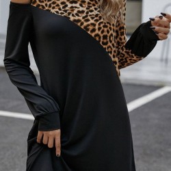 Kadın Uzun Kollu Omuzdan Açık Leopar Desenli Viskon Iki Iplik Mini Elbise , 30700