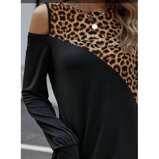 Kadın Uzun Kollu Omuzdan Açık Leopar Desenli Viskon Iki Iplik Mini Elbise , 30700