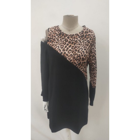 Kadın Uzun Kollu Omuzdan Açık Leopar Desenli Viskon Iki Iplik Mini Elbise , 30700