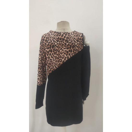 Kadın Uzun Kollu Omuzdan Açık Leopar Desenli Viskon Iki Iplik Mini Elbise , 30700