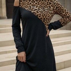 Kadın Uzun Kollu Omuzdan Açık Leopar Desenli Viskon Iki Iplik Mini Elbise , 30700