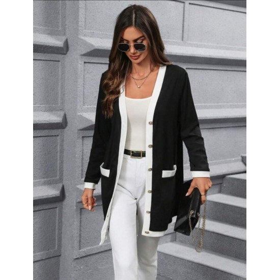 Kadın Uzun Kollu Cepli önden Düğmeli Uzun Modal Ceket , 30708