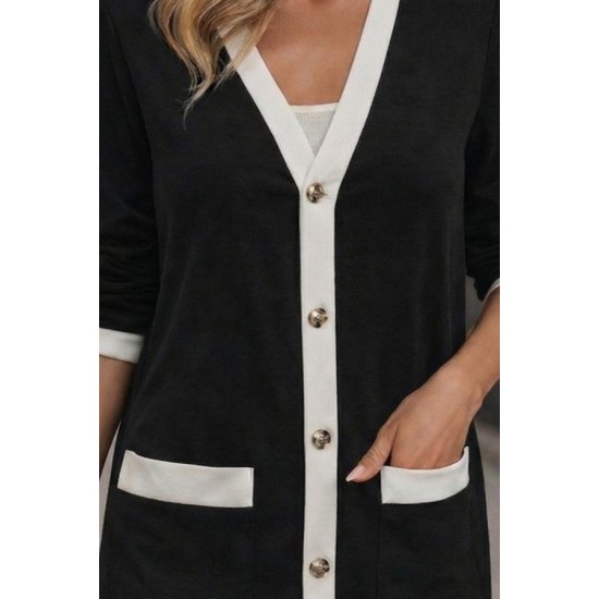 Kadın Uzun Kollu Cepli önden Düğmeli Uzun Modal Ceket , 30708