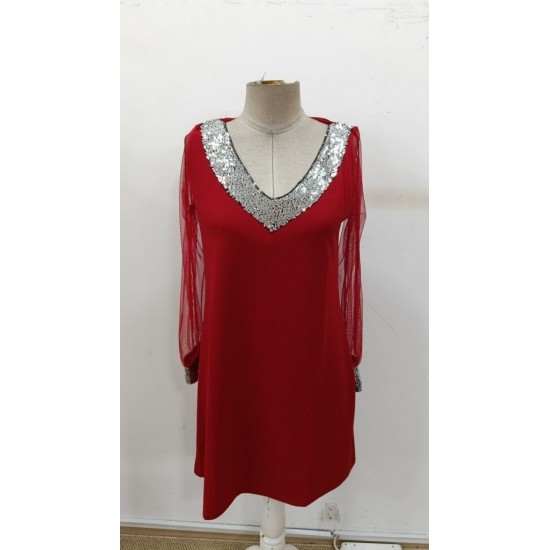 Kadın Uzun Kollu Kollar Tül V Yakalı Mini Janjan Krep Elbise, 30716